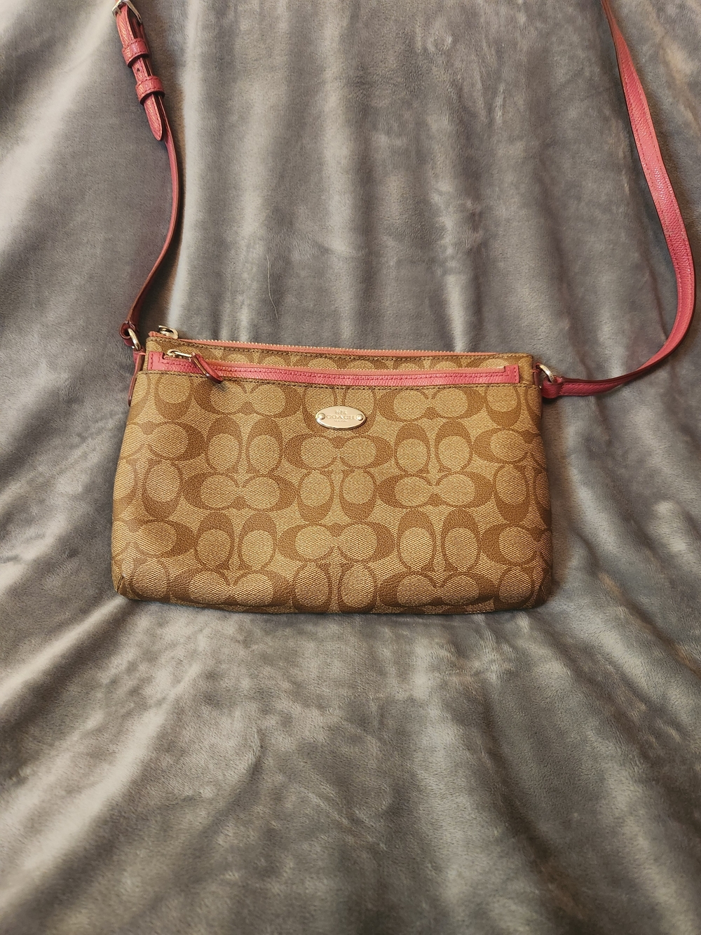 Coach Signature Canvas Crossbody in Brown with Pink Trim With Pink Pouch